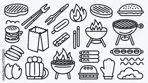Barbecue Icon Set in Black and White Line Art Style