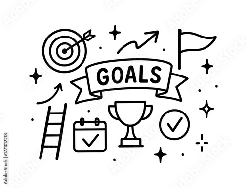 Goal achievement icons: linear style with trophy, target, and success symbols