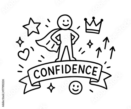 Empowering doodle art of confident superhero with banner and crown