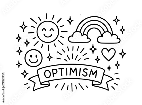 Cheerful optimism: smiling suns and rainbow doodle with stars and heart