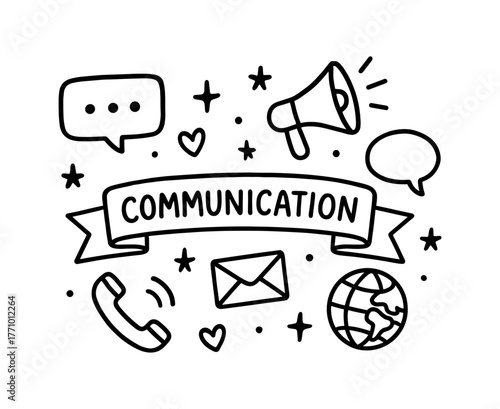 Hand drawn communication doodles with speech bubbles and megaphone