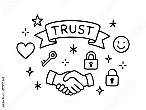 Trust symbols in handshake doodle with locks and keys