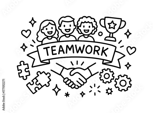 Teamwork concept with handshake and happy people in linear style