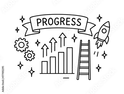 Linear growth concept with charts, rocket, and ladder for progress and achievement