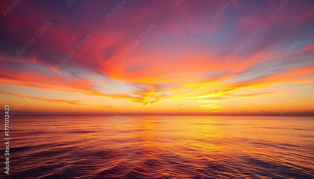 Fototapeta premium Fiery orange and purple sunset reflecting on calm Key West ocean waves, photography, ocean