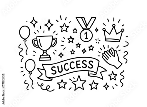Celebration doodle of success with trophy, medal, and stars in linear style