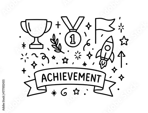 Linear achievement icons with trophy, medal, and rocket in minimalist style