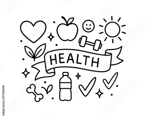 Healthy lifestyle icons: heart, sun, dumbbell, and clean living elements in line art