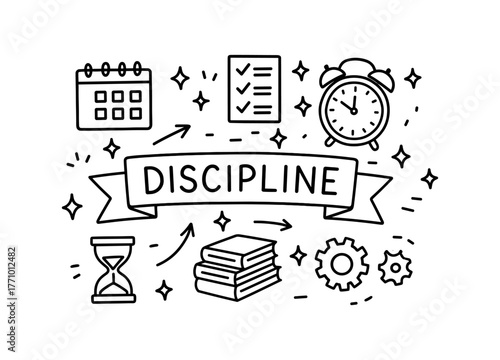 Discipline concept with time management icons in linear style
