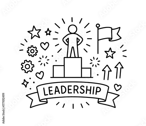 Leadership concept with linear art champion on podium and motivational symbols
