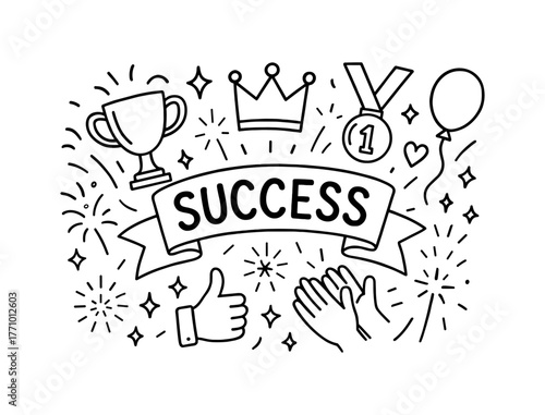 Celebration icons: linear doodle art featuring success and achievement symbols