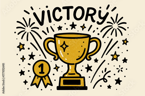 Celebration of victory with trophy and fireworks in hand drawn style