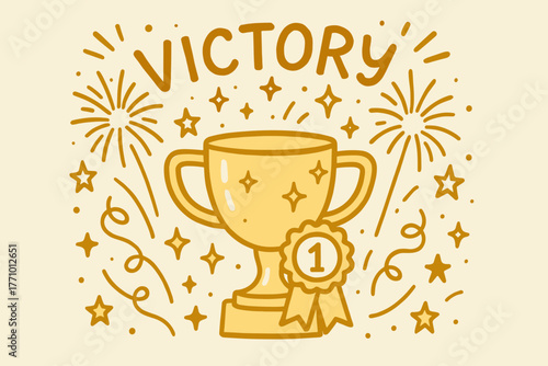 Celebratory trophy with fireworks and ribbons for victory celebration