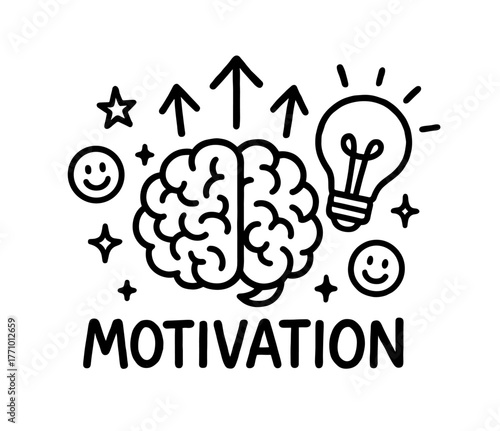 Inspiring mindset: doodle brain with lightbulb and motivational elements