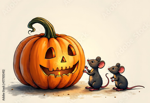 Gray mice near a Halloween pumpkin.