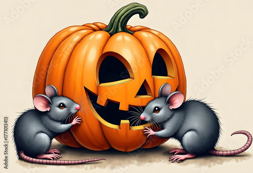 Gray mice gnaw on a Halloween pumpkin.
