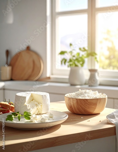 Wallpaper Mural Close Up Shot Of Fresh Cheese On Plate And Cottage Cheese In Wooden Bowl On Kitchen Table Torontodigital.ca