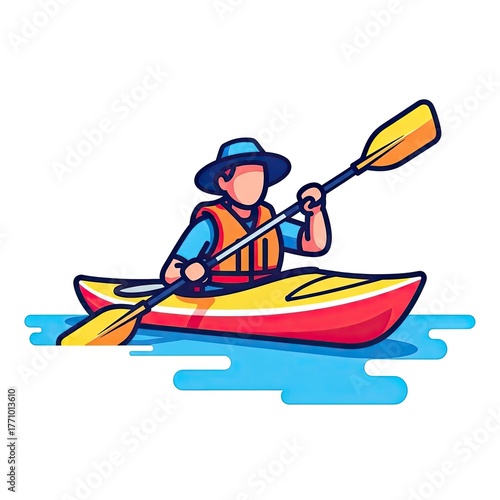 Cartoon Kayaker Paddling on Blue Water with Colorful Kayak and Orange Life Vest