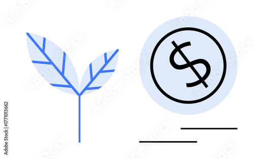 Leaf with minimal lines alongside a dollar coin displaying monetary value. Ideal for sustainability, finance, ecology, investment, eco-commerce, green economy, environmental responsibility. Simple