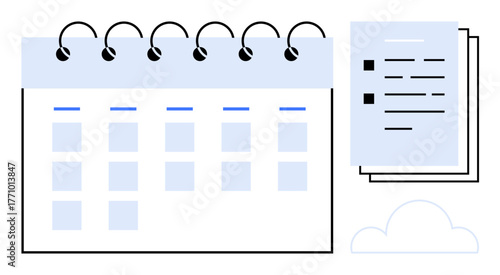 Calendar grid with spiral binding, stacked documents featuring bullet points, and a minimal cloud. Ideal for scheduling, productivity, organization, time management, planning, workflow deadlines