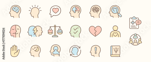 Psychology and Mental Health Awareness Icons – Therapy, Emotions and Human Mind Illustration