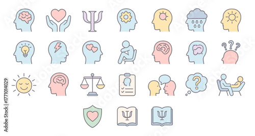 Psychology and Mental Health Icons – Therapy, Emotional Awareness and Wellbeing Illustration