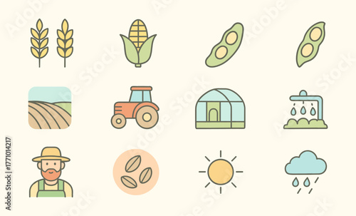 Sustainable Agriculture Icons – Modern Farming, Crops and Eco Food Production Illustration