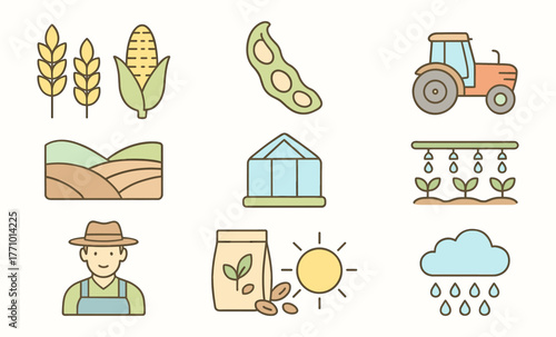 Modern Agriculture Icons Set – Sustainable Farming and Organic Food Production Illustration