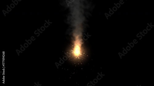 Realistic metal cutting animation with glowing sparks and rising smoke on dark background, industrial welding or grinding effect
