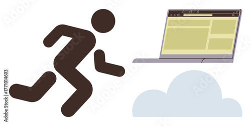 Abstract running figure moving towards a laptop on a cloud, symbolizing cloud computing, digital transition, innovation, internet usage, online growth, modern technology, and accessibility. A simple