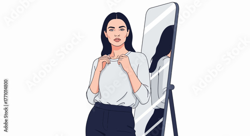 Woman adjusting her shirt in front of a mirror.