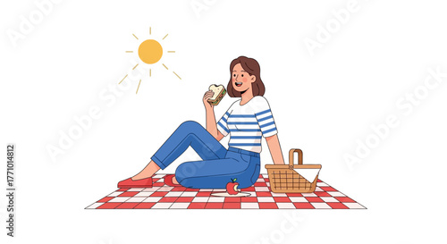 Woman enjoying a picnic on a red and white checkered blanket under the sun, eating a sandwich.
