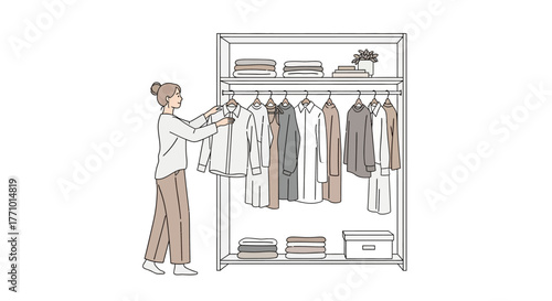 Woman organizing clothes in wardrobe, hanging garments on hangers.