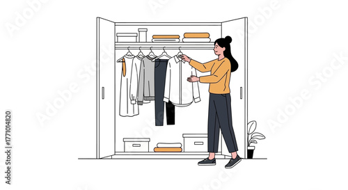 Woman organizing clothes in wardrobe, hanging shirts and pants.