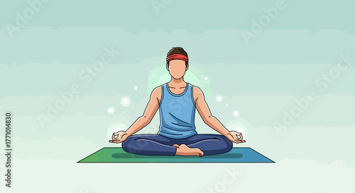 Man meditating in lotus position on a yoga mat with a blue background.