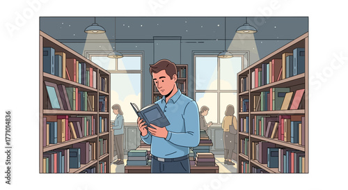 Man reading a book in a library with bookshelves and windows.