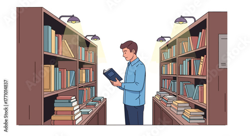 Man reading a book in a library aisle with bookshelves full of books.