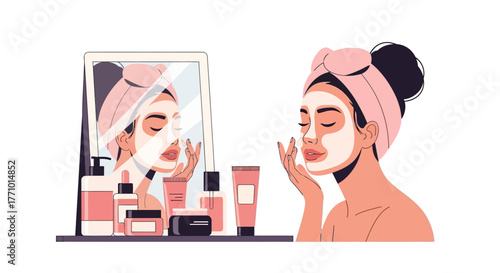 Woman applying facial mask in front of mirror with beauty products.
