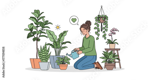 Woman watering houseplants in her home, surrounded by various potted plants.