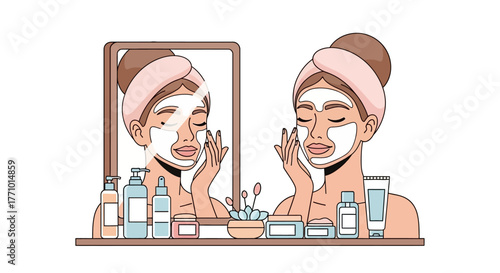 Woman applying face mask in front of mirror with skincare products.