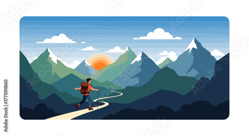 Illustration of a hiker walking on a trail in a mountain landscape at sunrise.