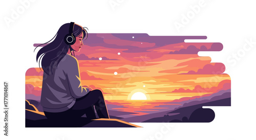 Girl with headphones watching sunset over the ocean.