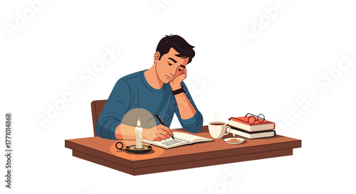 Illustration of a man studying at a desk with a candle and books.