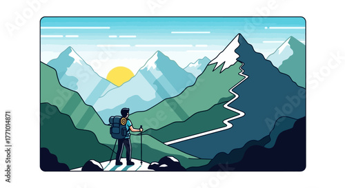 Illustration of a hiker standing on a mountain looking at a mountain range with a rising sun.