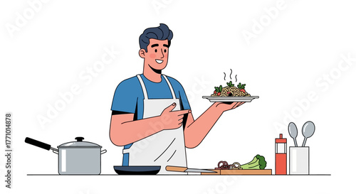Illustration of a man in an apron holding a plate of food in a kitchen.