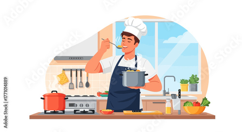 Chef tasting food in kitchen, wearing apron and chef's hat, with cooking utensils and ingredients around.