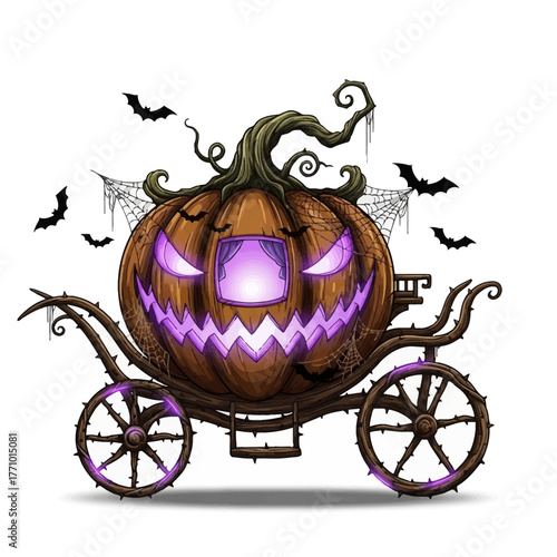 Spooky Halloween Pumpkin Carriage with Bats and Cobwebs for Festive Decoration and Celebrations