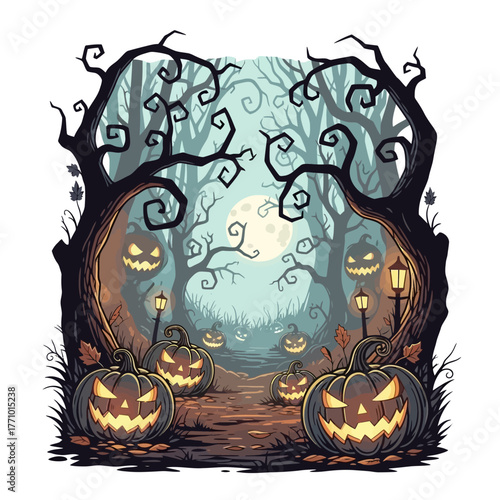 Spooky Halloween Forest Path Jack o' Lanterns, Moonlight, and Eerie Trees in a Magical Scene