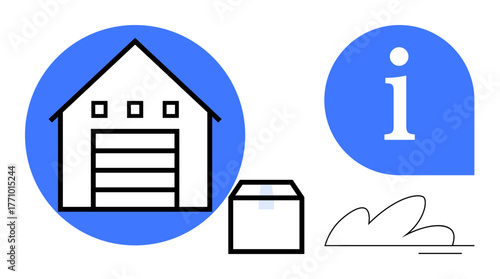 Warehouse outline with a loading door, cardboard box, information icon, and decorative cloud. Ideal for logistics, delivery, storage, shipping, packaging customer support inventory management
