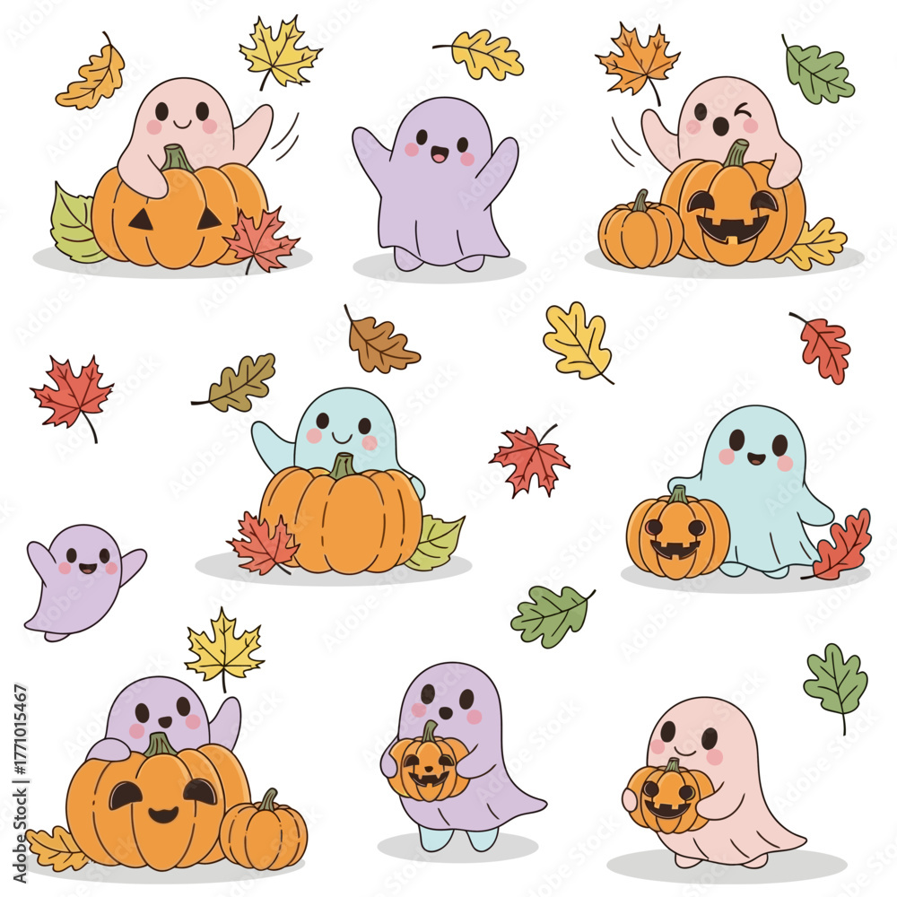 Fototapeta premium Cute Halloween Ghosts with Pumpkins and Autumn Leaves Illustration
